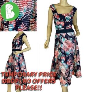 NEW YORK & COMPANY BLUE & PINK FLORAL PRINT CUT-OUT FIT & FLARE MIDI DRESS (XXL)